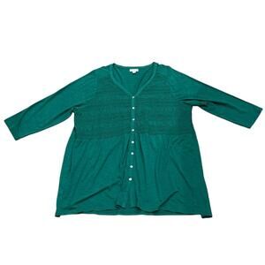 J.Jill Emerald Green Top Boho 2x Plus Size Cottage Cotton Blend Relaxed Comfort